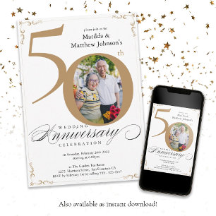 White Gold Calligraphy Photo 50th Anniversary  Invitation