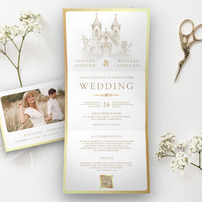 White Gold Catholic Church All in One Wedding Tri-Fold Invitation (Creator Uploaded)