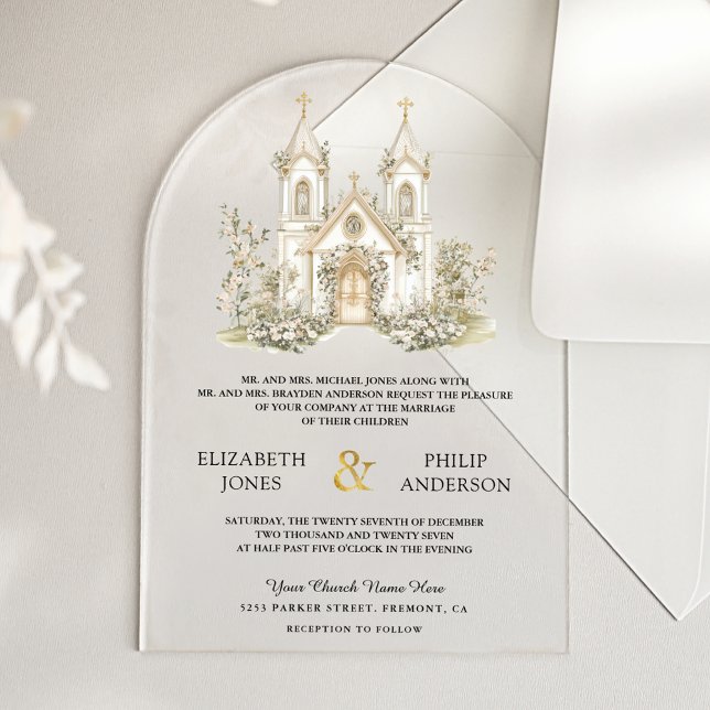 White Gold Catholic Church Wedding Acrylic Invitations (Creator Uploaded)