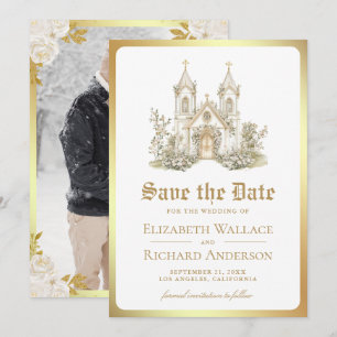 White Gold Catholic Church Wedding Photo Save The Date