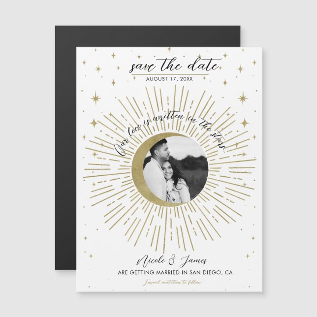White Gold Celestial Sunburst Photo Save The Date (Front/Back)