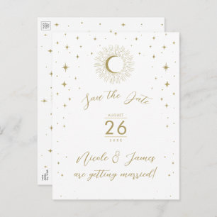White Gold Celestial Sunburst Photo Save The Date Announcement Postcard