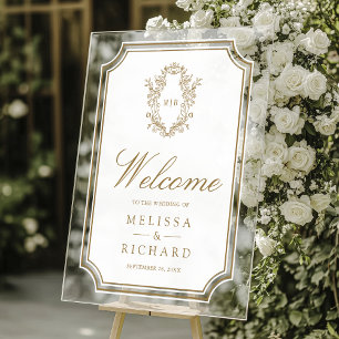 White Gold Chinoiserie Crest Wedding Welcome Acrylic Sign
