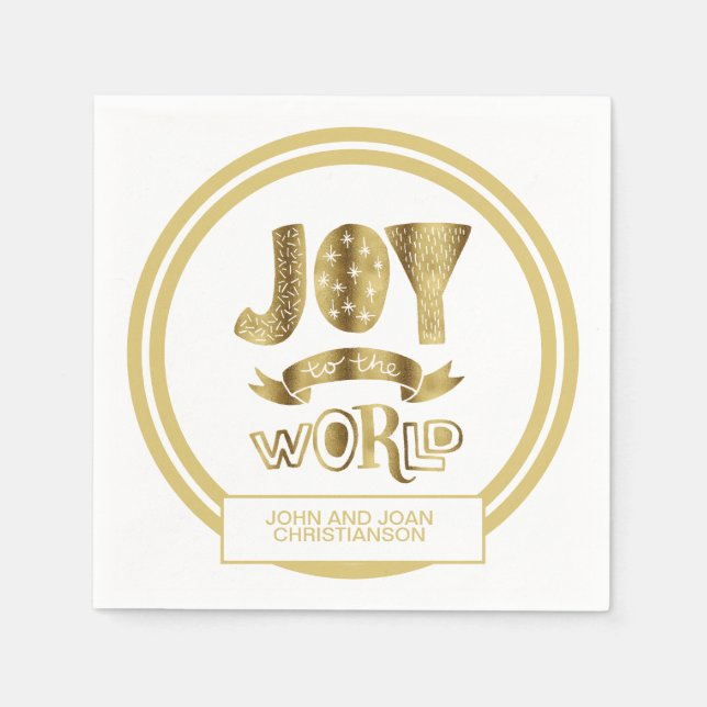 White Gold Christmas Joy to World Family Name Napkin (Front)