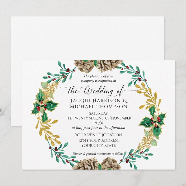 White Gold Christmas Pine Cone Greenery Wedding Invitation (Front/Back)
