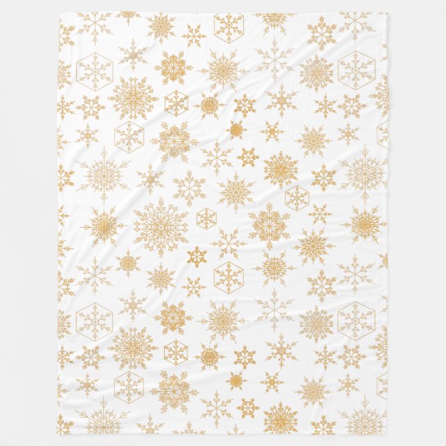 White & Gold Christmas Snowflake Pattern Winter Fleece Blanket (Front)