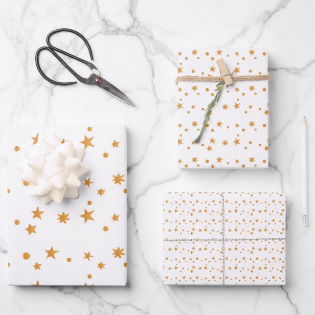White & Gold Christmas Snowflakes Stars Wrapping Paper Sheet (Front)