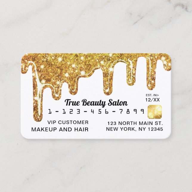 White Gold Chunky Glitter Thick Drips Credit Business Card (Front)