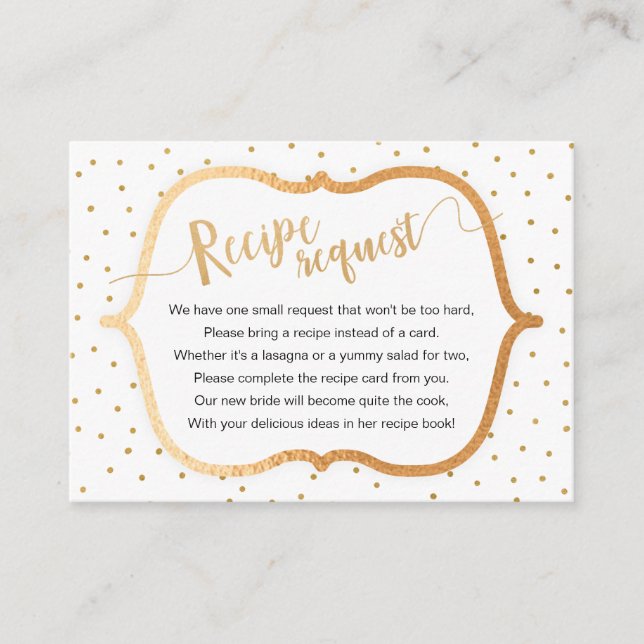 White Gold Confetti Bridal Shower Recipe Request Enclosure Card (Front)