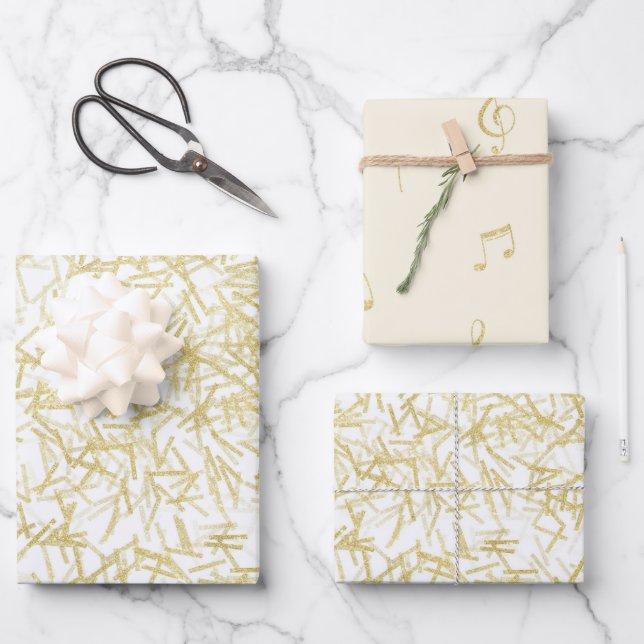 White Gold Confetti Music Notes Birthday Wrapping Paper Sheet (Front)