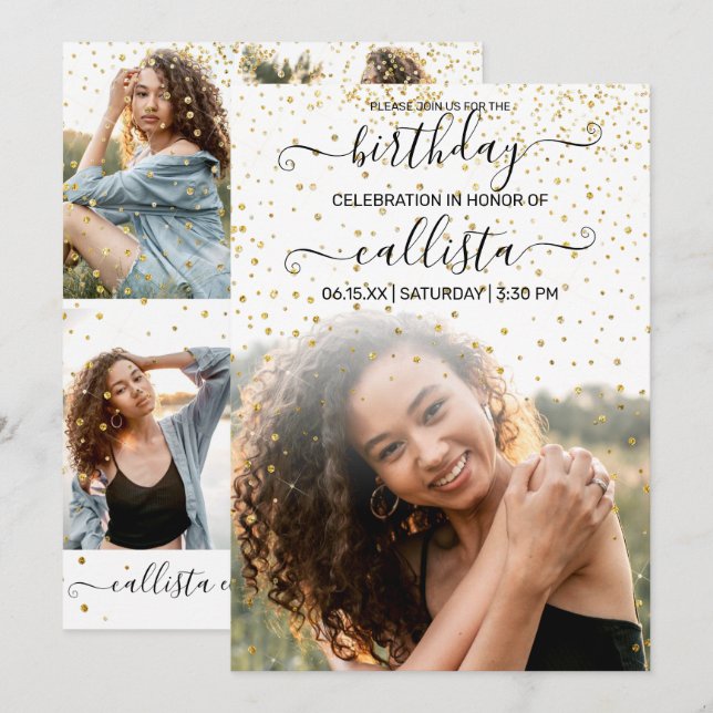 White Gold Confetti Photo Collage Birthday Invitation (Front/Back)