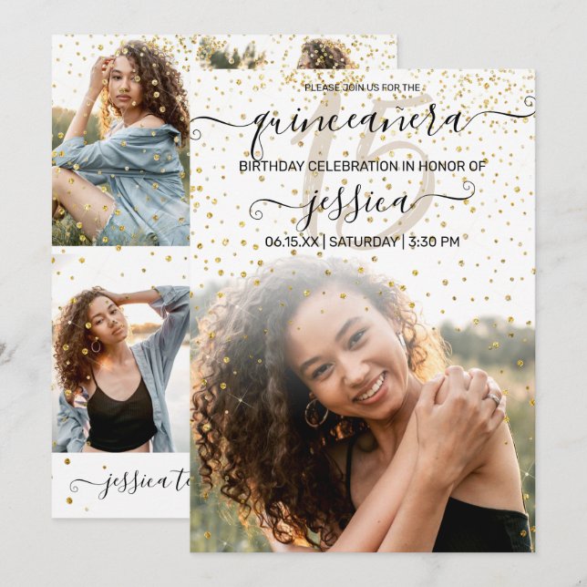 White Gold Confetti Photo Collage Quinceañera Invitation (Front/Back)