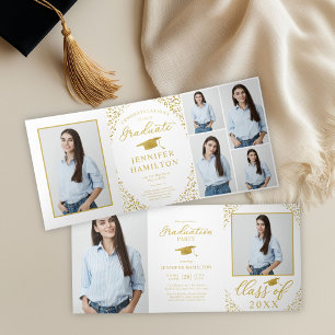 White Gold Confetti Photo Graduation Party Tri-Fold Invitation