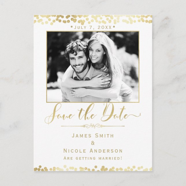 White & Gold Confetti Photo Wedding Save the Date Announcement Postcard (Front)