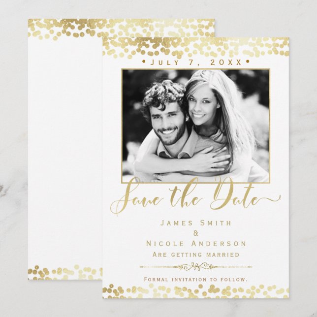 White & Gold Confetti Photo Wedding Save the Date Invitation (Front/Back)