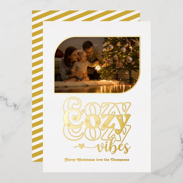 White & Gold Cozy Vibes Retro Christmas Photo Foil Holiday Card (Front/Back)