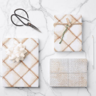 White Gold Cream Stripes Squares Birthday Wrapping Paper Sheet