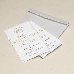 White Gold Cute Rainbow Baby Shower Invitation