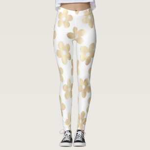 White Gold Daisy Flowers Retro Pattern Leggings