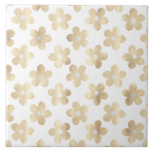 White Gold Daisy Flowers Retro Pattern Tile