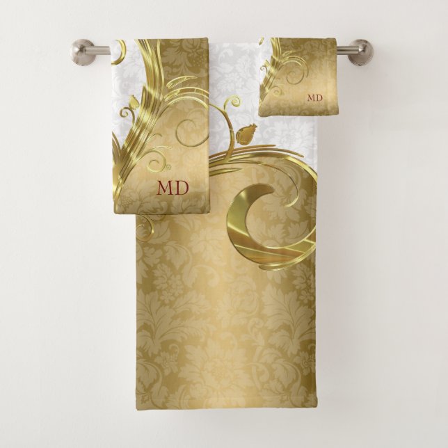 White & Gold Damask Bath Towel Set (Insitu)