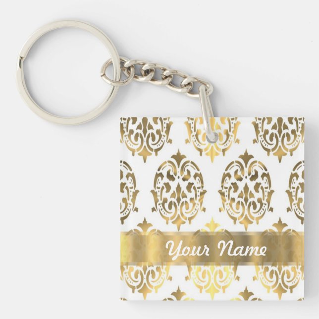 White & gold damask keychain (Front)