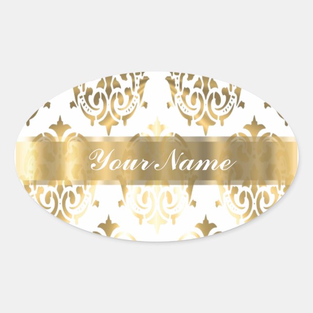 White & gold damask oval sticker (Front)