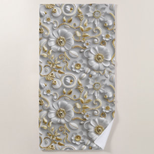 White Gold Decorative 3D Flora Floral  Beach Towel