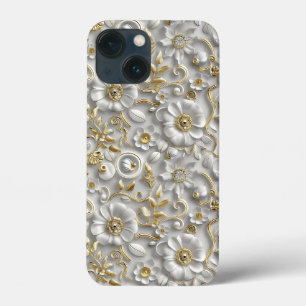 White Gold Decorative 3D Flora Floral iPhone 13 Mini Case