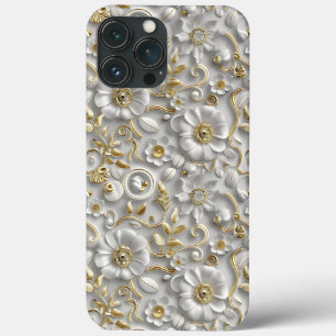 White Gold Decorative 3D Flora Floral iPhone 13 Pro Max Case