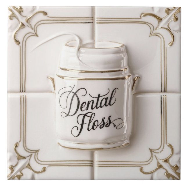 White & Gold Dental Floss Funny Dentist Bathroom Tile (Front)