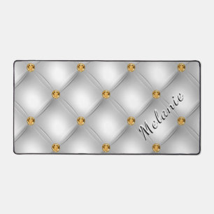 White Gold Diamond Tufted Desk Mat and Custom Name