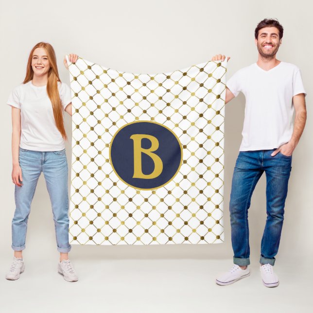 White & Gold Dot Grid Monogram B Fleece Blanket (In Situ)