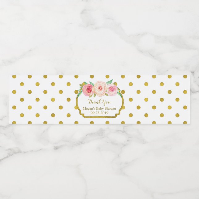 White Gold Dots Baby Shower Water Bottle Label (Single Label)