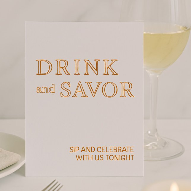 White & Gold Drink & Savour Wedding Bar Sign Foil  Foil Holiday Card (Creator Uploaded)