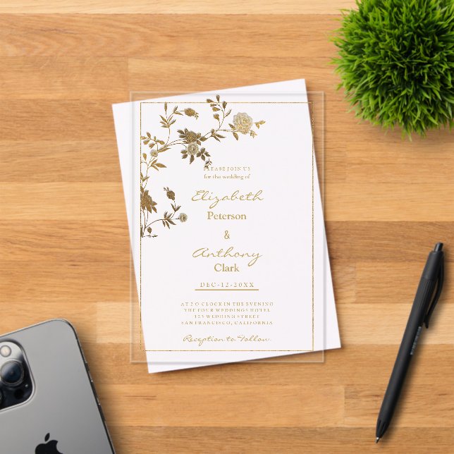 White gold elegant floral luxury Wedding Acrylic Invitations (Insitu (Invitation Card))