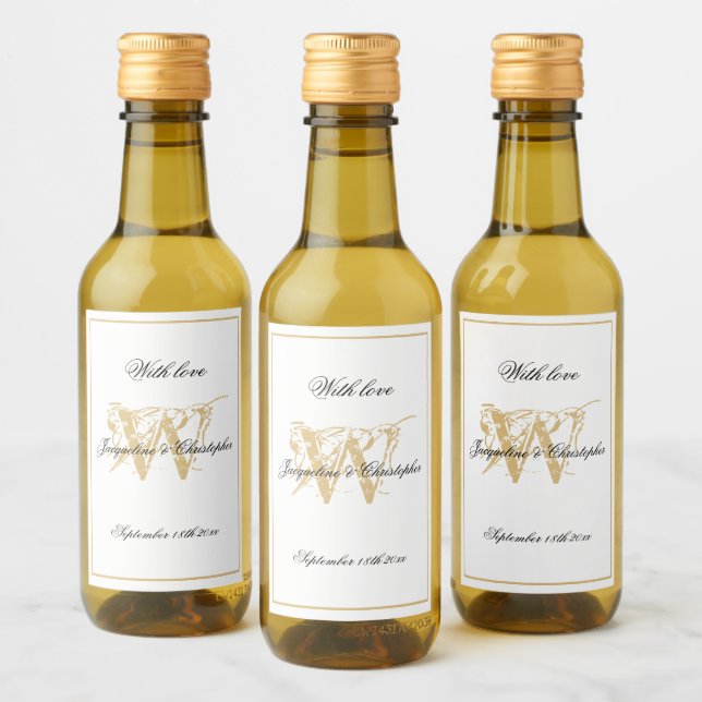 White & Gold Elegant Monogram Chic Wedding Mini  Wine Label (Bottles)