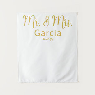 White & Gold Elegant Mr and Mrs Wedding Reception Tapestry