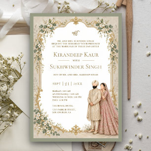 White Gold Eucalyptus Ornate Border Sikh Wedding Invitation
