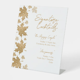 White Gold Fall Leaves Signature Cocktail Menu Pedestal Sign