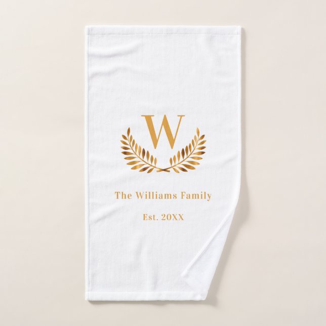 White gold family monogram initial laurel wreath bath towel set (Hand Towel)
