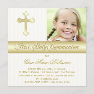 White Gold First Holy Communion Photo Invitation