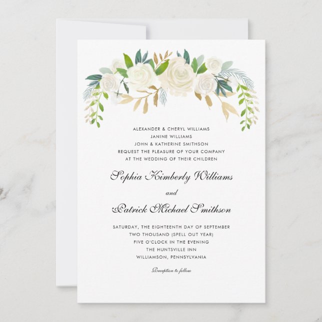 White Gold Floral | 3 sets parents wedding Invitation (Front)