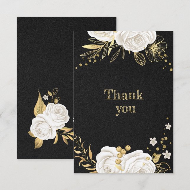 white gold floral black thank you card (Front/Back)