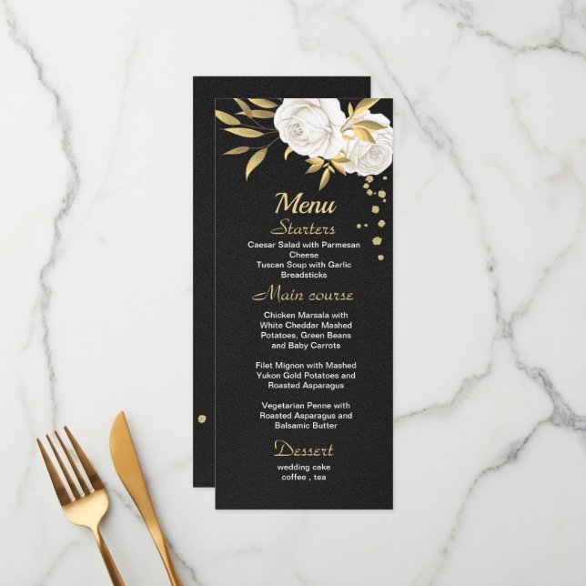 white gold floral black wedding menu (Front/Back In Situ)