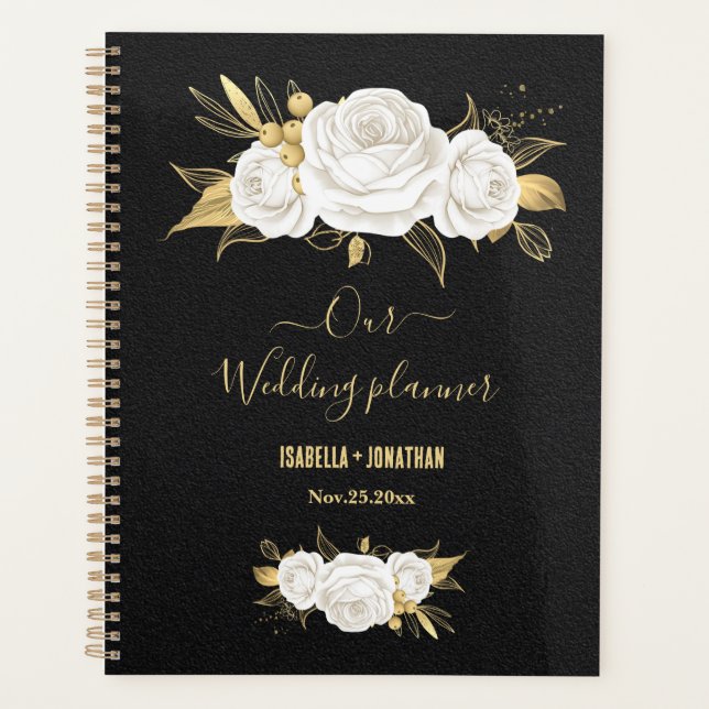 white gold floral black wedding  planner (Front)