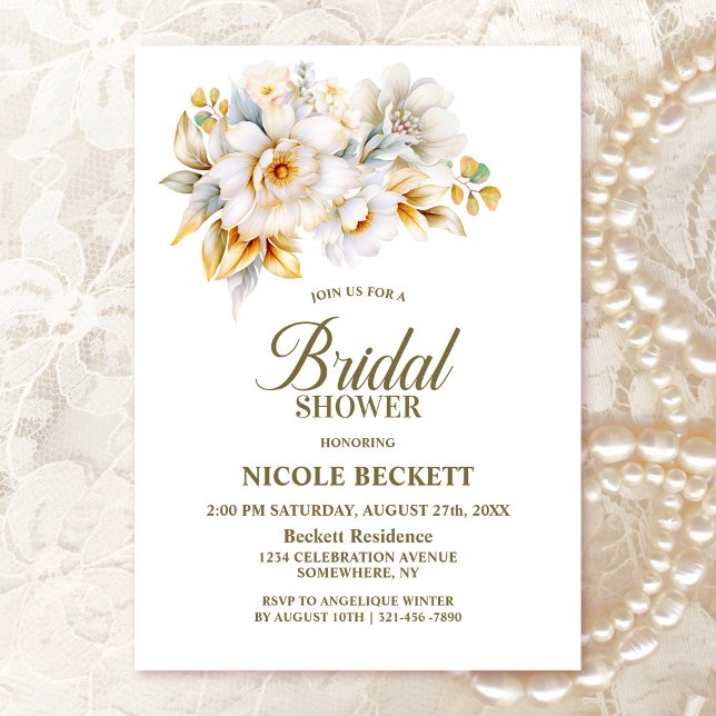White Gold Floral Bridal Shower Invitation (Creator Uploaded)