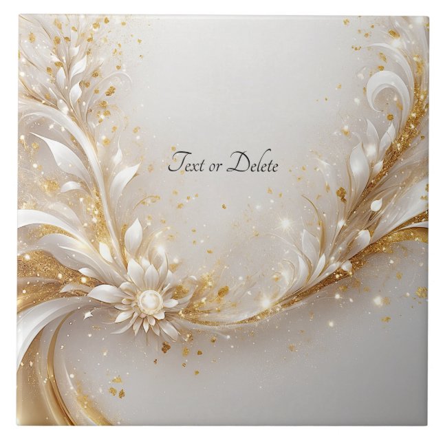 White Gold Floral Ceramic Tile (Front)
