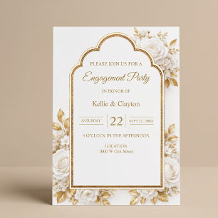 White & Gold Floral Engagement Party Invitation
