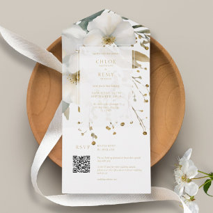 White & Gold Floral Foliage Watercolor Wedding All In One Invitation